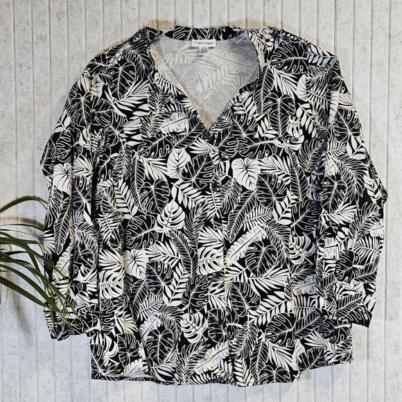Calvin Klein Leaf Print Linen Blend Blouse Top Black White 1X Long Sleeve - Picture 1 of 2